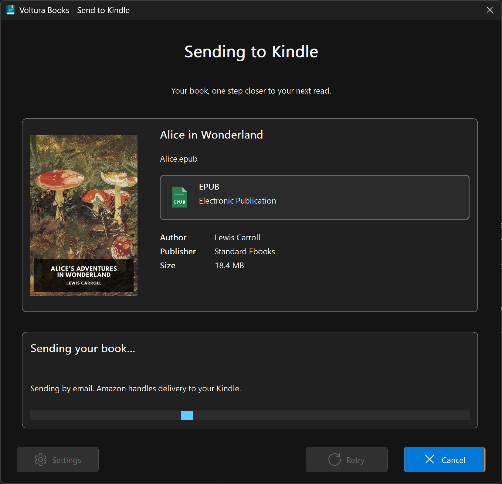 Voltura Books showing a cover and details while sending Alice’s Adventures in Wonderland